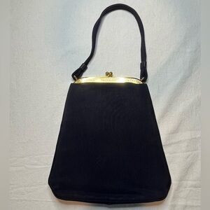 JR VintageTall Black Evening Bag, Corded Rayon, Brass Frame, 1940s